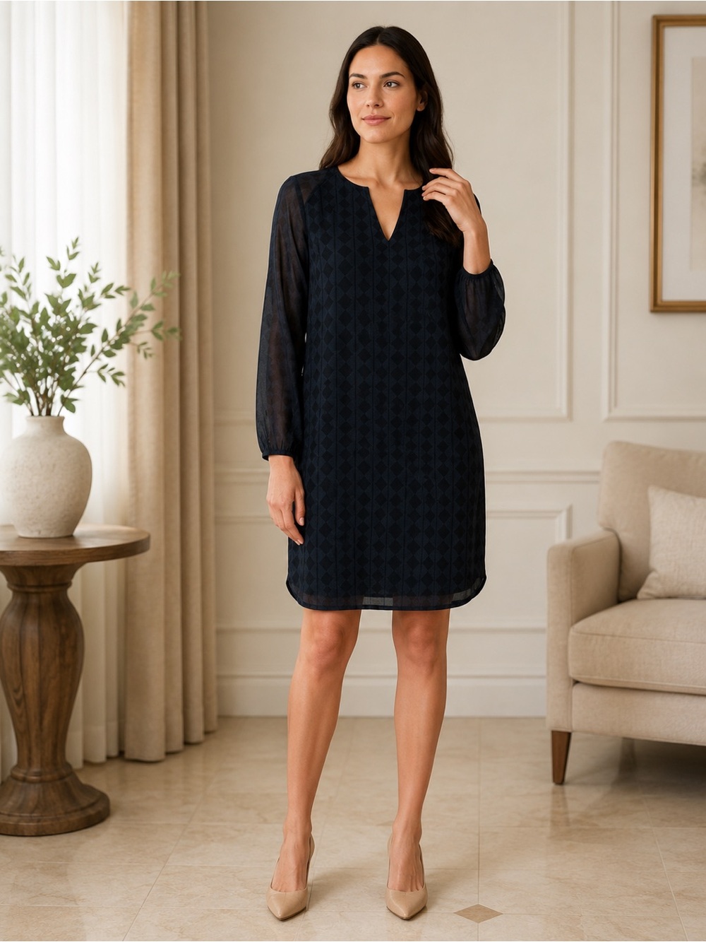 Cabi Dark Navy Black Geometric Print Sheer Sleeve Split Neck Shift Dress M